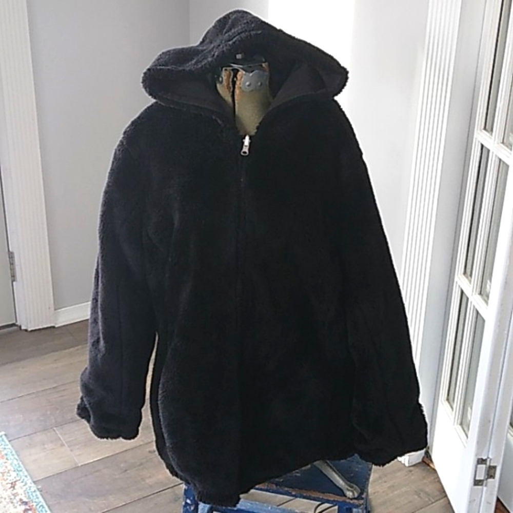 VTG 2YK FAUX BLACK FUR TEDDY HOODED COAT WOMANS L